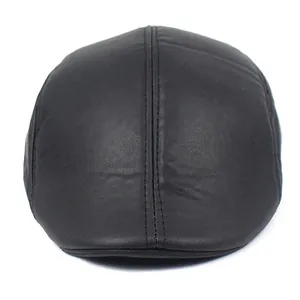 Classic black faux leather flat cap for men with premium textured finish and front stitching