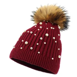 Women's Knitted Beanie Hat With Real Raccoon Fur Pompom Wool Acrylic Blend Winter Warm Ribbed Artificial Pearl Embellished Solid Color Fashion Headwear