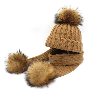 Winter Knitted Beanie Hat and Scarf Set with Pom Poms Ribbed Knit Solid Color Warm Thermal Outdoor Fashion Accessories