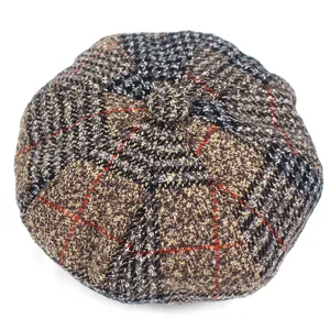Vintage British style plaid beret hat for women in thick tweed brown checkered fabric