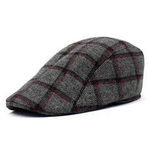 Classic grey checkered ivy cap for men with vintage wool plaid pattern and flat brim