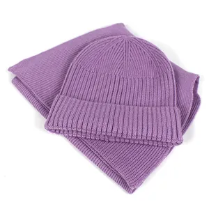 Purple ribbed knit beanie and scarf set for women with warm winter thermal texture