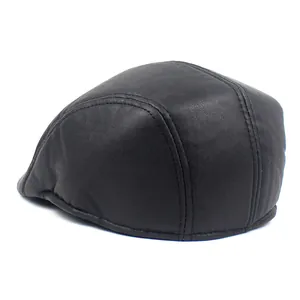 Close-up of black PU leather flat cap showing detailed stitching and premium matte texture