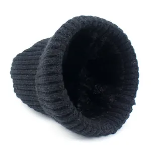 Gorro de lana de punto negro para mujer con forro de piel sintética cálida para el invierno