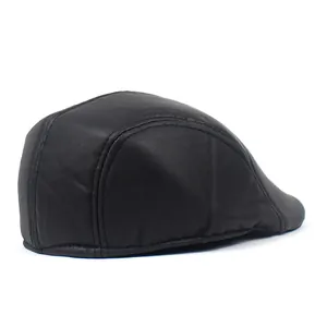 Classic black faux leather flat cap for men featuring a textured matte finish and vintage style
