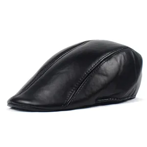 Detailed view of black PU leather beret with high-quality stitching and visor detail