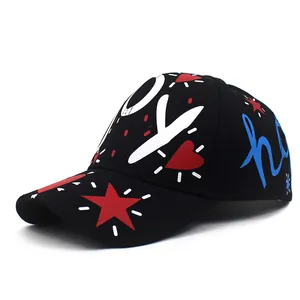 Black cotton baseball cap with lovejoy graffiti letters stars and heart patterns