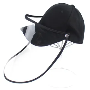 Adjustable Black Cotton Baseball Cap With Detachable Transparent Anti-Droplet Face Shield For Outdoor Protective Use