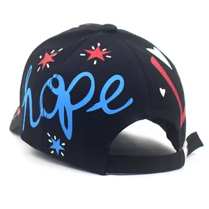 Black baseball cap with blue Lovejoy graffiti hope text and star patterns on the back
