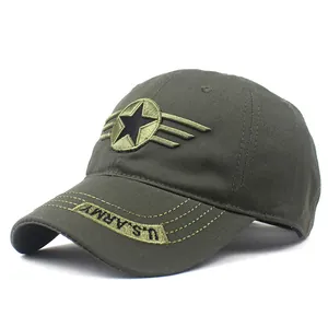 Detailed embroidery of U.S. ARMY lettering and star badge on olive cotton baseball cap