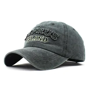 Close-up of vintage washed cotton baseball cap with Cyprus Island 3D embroidery detail