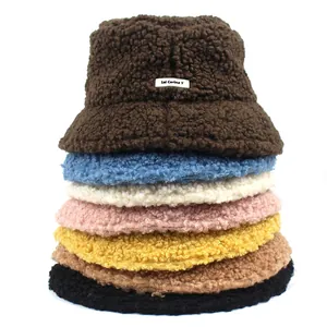 Winter teddy fleece bucket hats in multiple colors with stylish letter patch embroidery