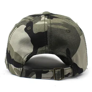 Rear view of camouflage cotton baseball cap featuring adjustable bronze metal buckle strap