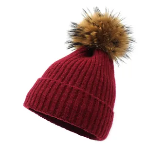 Women Winter Warm Knitted Beanie Hat With Real Raccoon Fur Pom Pom Cuffed Ribbed Brushed Yarn Skull Cap For Ladies Outdoor