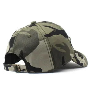 Rear view detail of camo baseball cap showing adjustable metal buckle and stitching