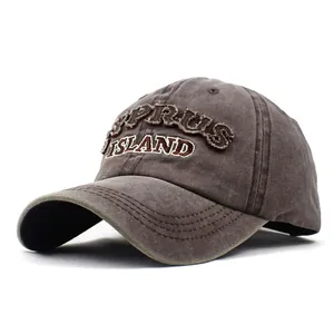 Detailed view of CYPRUS ISLAND 3D embroidery on a vintage washed cotton baseball cap