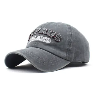 Vintage dark gray cotton baseball cap with Cyprus Island embroidery in center view