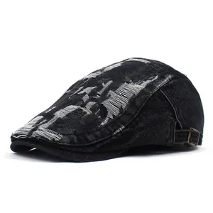 Vintage washed denim beret with distressed frayed edges and adjustable metal buckle