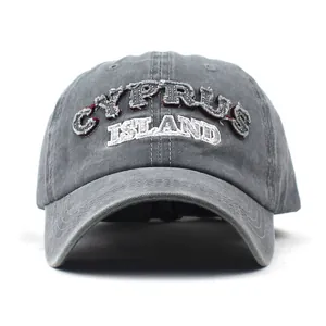 Vintage dark grey cotton baseball cap with Cyprus Island letter embroidery and distressed look