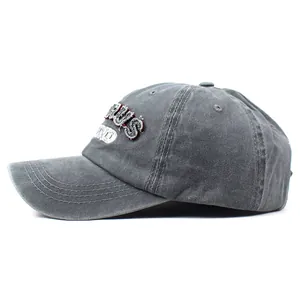 Detailed side view of washed grey cotton baseball cap with 3D Cyprus letter embroidery