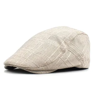 Macro shot of breathable linen cotton beige flat cap with detailed plaid pattern texture