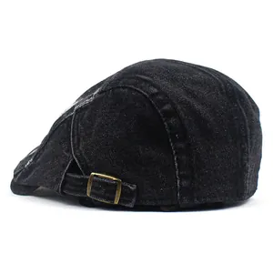 Vintage black washed denim beret hat with adjustable bronze metal buckle for men and women