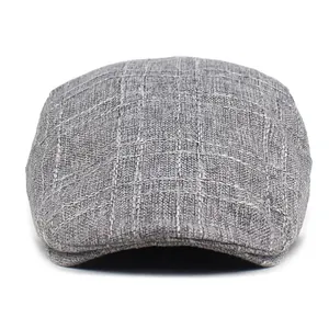 Classic grey checkered cotton flat cap for men with a retro breathable textured finish