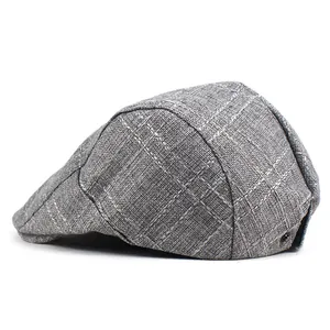 Classic grey plaid cotton ivy cap for men with a vintage textured flat beret style