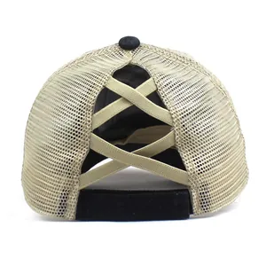Women's mesh ponytail baseball cap with crisscross elastic bands and adjustable strap