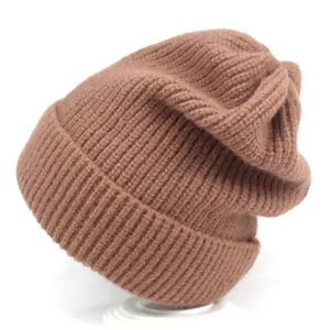 Warm caramel brown vertical ribbed knit beanie hat for women featuring a wide folded cuff
