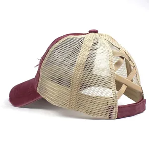 Pferdeschwanz Baseballkappe mit Mesh und elastischen Kreuzbändern im Vintage-Stil