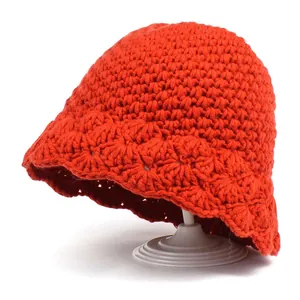 Women Warm Knit Bucket Hat Scalloped Edge Woolen Yarn Beanie Solid Color Hand Crochet Winter Soft Cloche Hat For Women