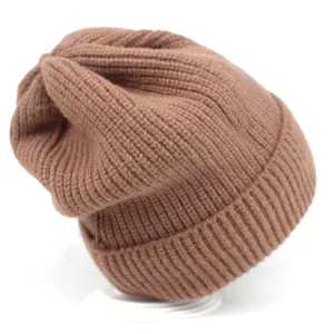 Deep brown ribbed knit beanie for women with thick cuffs and warm winter texture