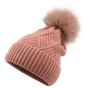 Damen Winter Warm Strickmütze Mit Großem Pelz Bommel Einfarbig Gestreift Outdoor Warm Häkelmütze Für Damen