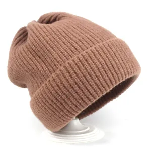 Classic brown ribbed knit beanie hat for women featuring a warm fold-over cuff design
