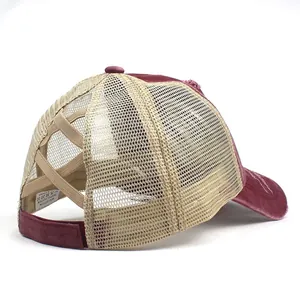 Vintage Ponytail-Baseballkappe mit elastischen Kreuzbändern und beigem Mesh-Einsatz hinten
