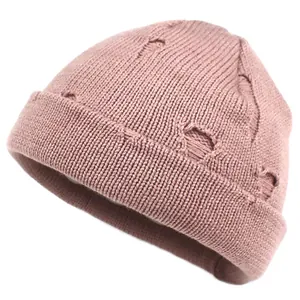 Distressed Knit Beanie Hat For Men Women Vintage Broken Style Skull Cap Warm Winter Solid Color Knitted Cotton Hat
