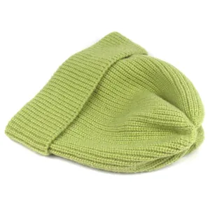 Detailed view of avocado green vertical ribbed knit beanie with a folded cuff design