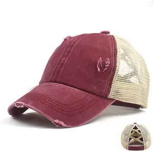Damen Pferdeschwanz Baseball Kappe Mesh Atmungsaktiv Gewaschene Baumwolle Cross Back Trucker Hut Vintage High Bun Peak Cap Für Outdoor Sport