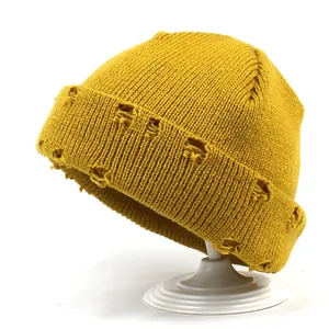 Berretto in Maglia Distressed da Donna in Filato di Lana Caldo Cappello Invernale Tinta Unita Streetwear per Viaggi All'aperto