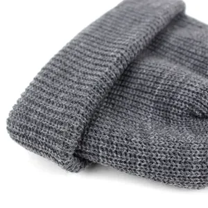 Unisex dark grey acrylic knit beanie hat with classic ribbed texture and folded cuff style