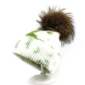 Women's Fashion Tie-Dye Knit Beanie Hat With Large Faux Fur Pompom Winter Warm Core-Spun Yarn Ribbed Cuff Slouchy Skull Cap