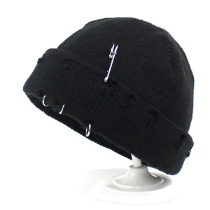 Women Streetwear Knitted Beanie Wool Yarn Winter Warm Distressed Skull Cap With Metal Rings And Large Safety Pin