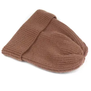 Close-up of brown ribbed knit beanie showing thick wool texture and folded cuff detail
