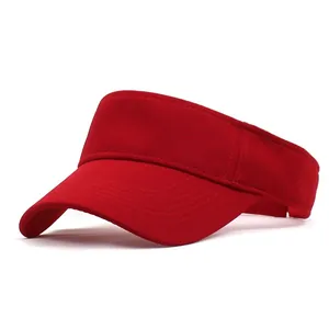 Close-up of red sun visor hat showing reinforced stitching and breathable fabric texture