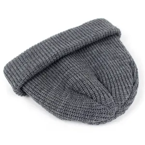 Detailed view of the thick vertical rib knit texture on this dark gray acrylic winter beanie