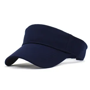 Close-up of deep blue open top sun visor hat with curved brim and durable fabric texture