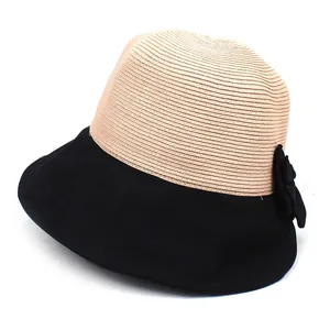 Chapeau de Paille à Bord Large Splicing pour Femmes Protection Solaire Été Chapeau de Plage Avec Nœud Doux Respirant Voyage