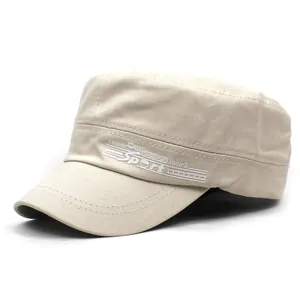 Detail of khaki cotton cadet cap showing white Sport logo and stitching texture