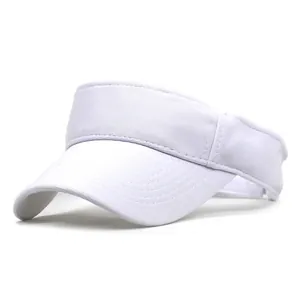 Detail of white sun visor showing fine fabric texture and parallel reinforced brim stitching